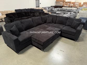 NEW Large U Shape BLACK Chenille Fabric Sectional Sofa and Chaise with Ottoman Set Designer BIG Couch SALE Discount Living Room Furniture Warehouse