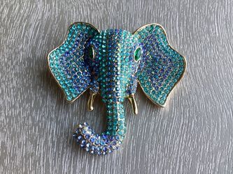 Elegant Golden Exquisitely Shaped Animal Head W/ Sparkling Light Aqua & Lavender Rhinestones & Green Stones In The Eyes