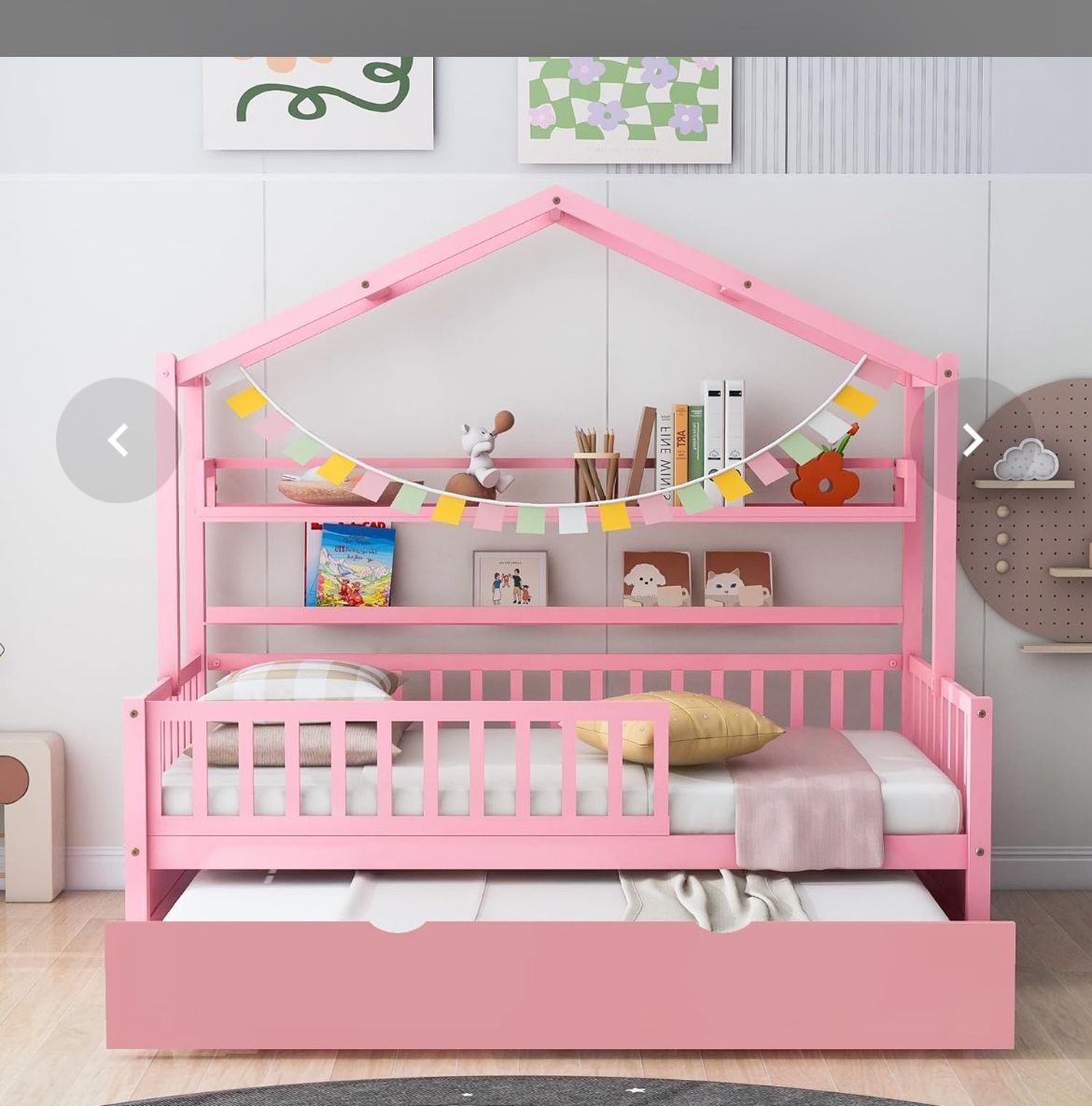 Twin Size House Bed With Trundle And Storage Shelves, Wood Playhouse Bed Frame W/Roof Design, Montessori Bed For Kids Teens Girls & Boys, No Box Sprin