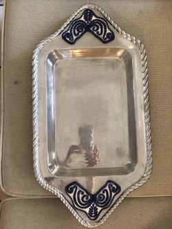 Pewter serving tray with ceramic decorated handles
