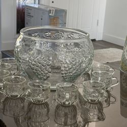 Antique Punch Bowl Set 12 Glasses 
