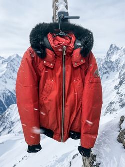 Moose Knuckles Bomber Jacket, Burgundy Red/Orange & Black Fur Size Large
