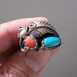 vintage turquoise and coral sterling silver ring size 9.5