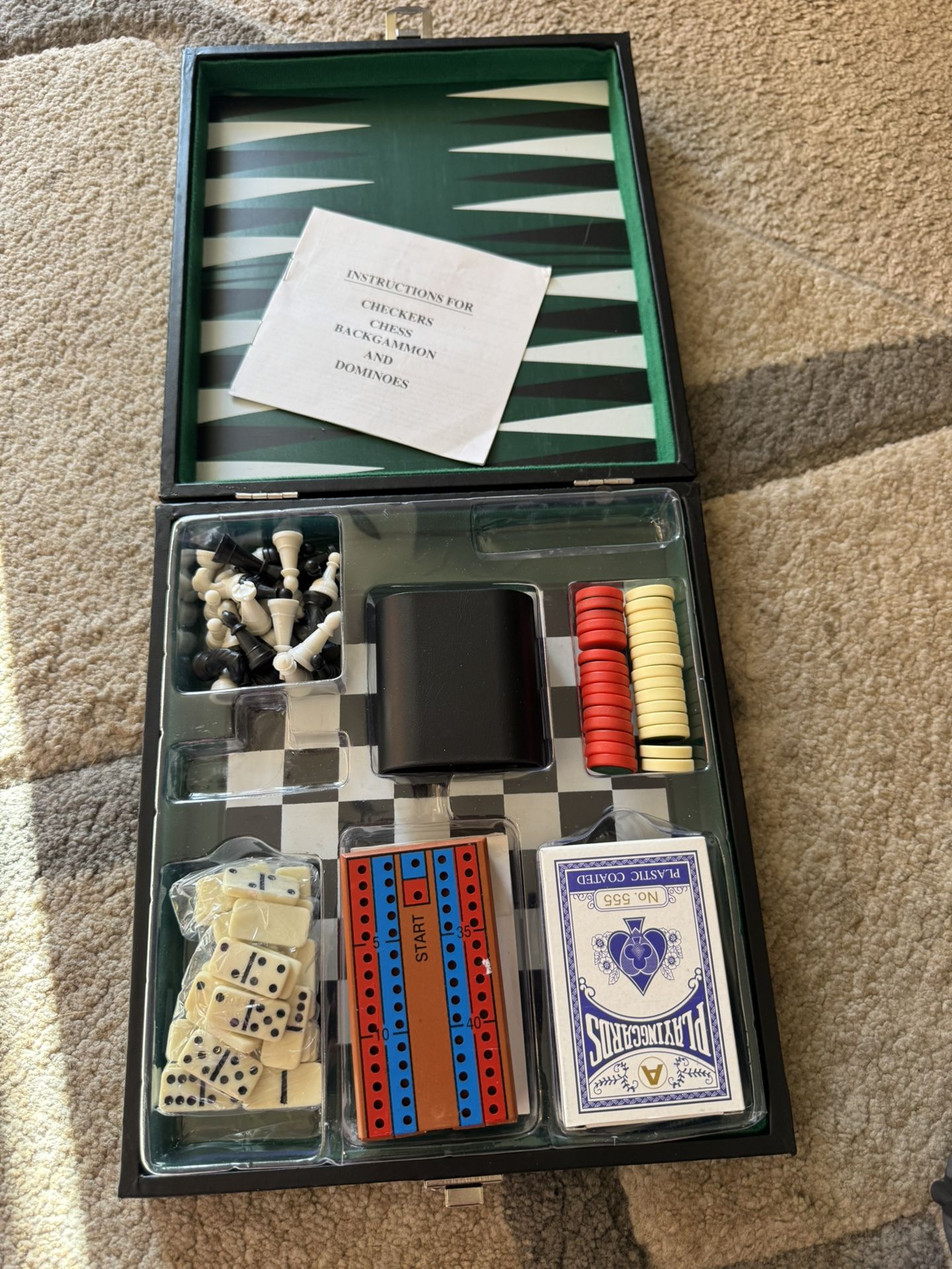 World Backgammon, Chess, Checkers, Dominoes, Poker, Cribbage Case Set travel