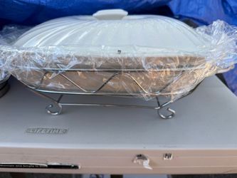 NEW White Ceramic Casserole Dish with Chrome Serving Stand