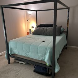 Queen Size Canopy Bed Frame, Mattress, Box Spring 