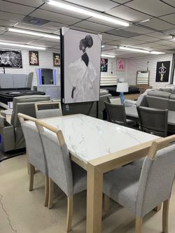 Elegant, natural finish 6 Pc Dining Set with Marble-Look Top