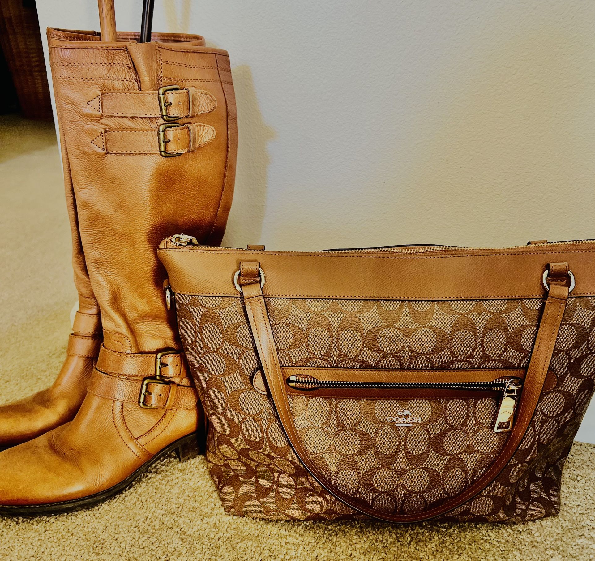 Franco Sarto Riding Boots (Size 8) + Coach Tote Bag – Matching Camel Set – $150