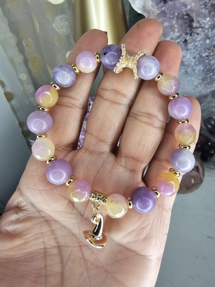 NEW genuine LEPIDIOLITE & JADE Beaded Bracelet With Witch Hat Charm