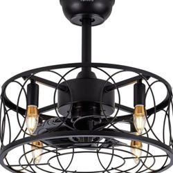 Open Box New Yaretro Caged Ceiling Fan with Lights Industrial Enclosed Blades