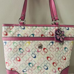 COACH Heritage Chelsea Pink Trim Multicolor Signature F16874 Tote Purse