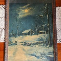 Vintage Framed Wintry Night Lithograph W M. Thompson? 21.75"x15.75"