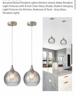 Set of 2 Modern Gray Glass & Brushed Nickel Pendant Lights (Kitchen Island/Bedroom)