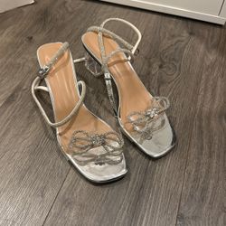 Women's Clear Chunky Heels Clear With Rhinestone Bow Sandals Transparent Heels