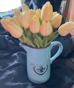 Vintage French Country Pitcher Vase with Silk Tulips – Farmhouse Spring Floral Arrangement