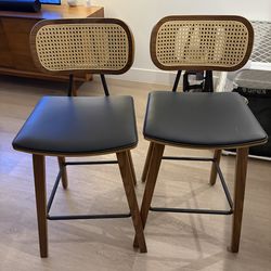 26" Modern Upholstered Low Back Rattan Wood Counter Height Stools