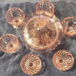 Vintage Jeannette Windsor Pink Depression Glass Diamond Sherbet Dishes and Candy Dish