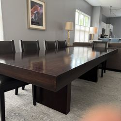 Solid Wood 9’ Dining Table and 10 Leather Chairs
