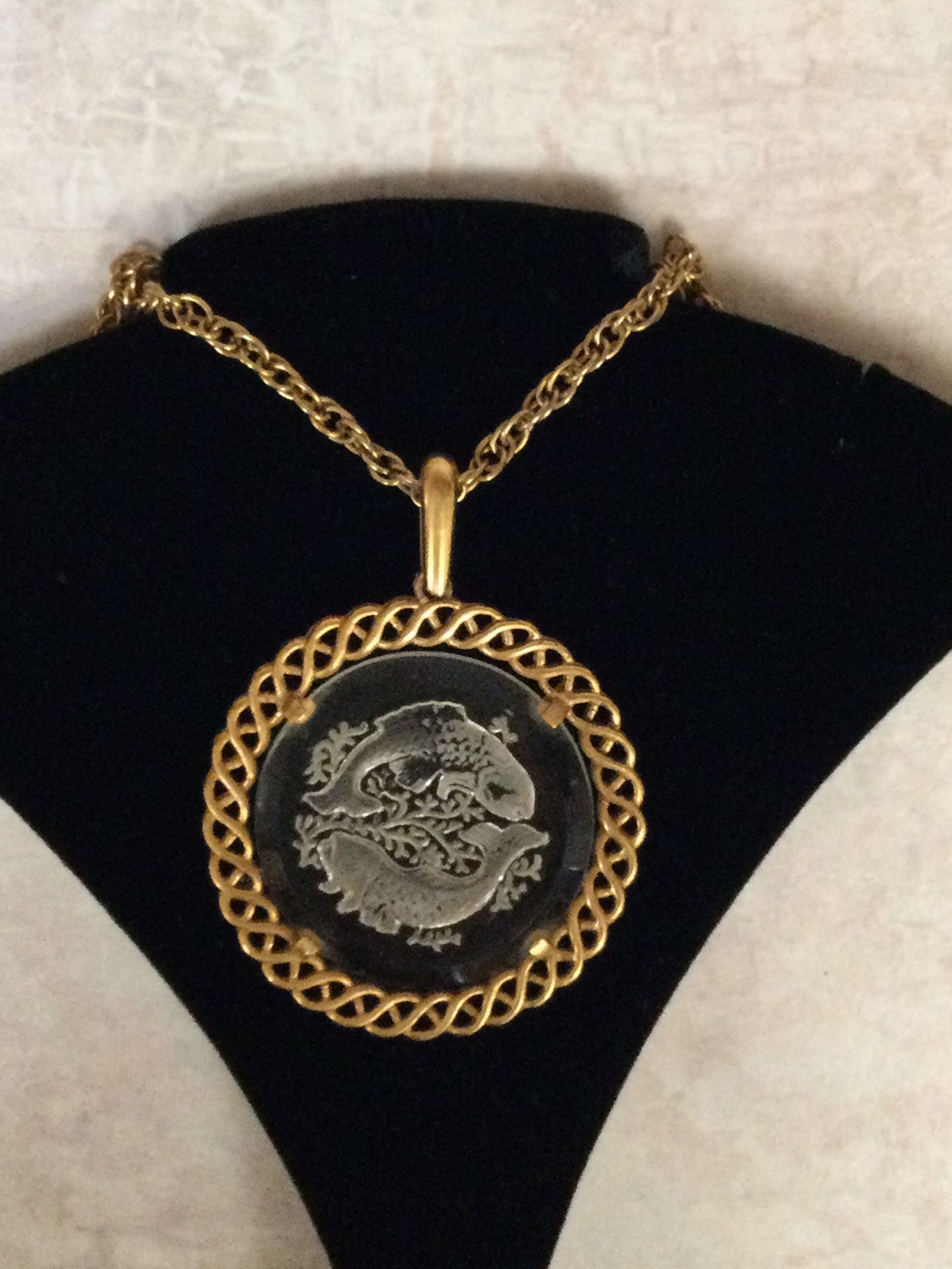 Crown Trifari Necklace - Reverse Carved Pisces Zodiac Pendant - Gold Tone (20” Chain Included)