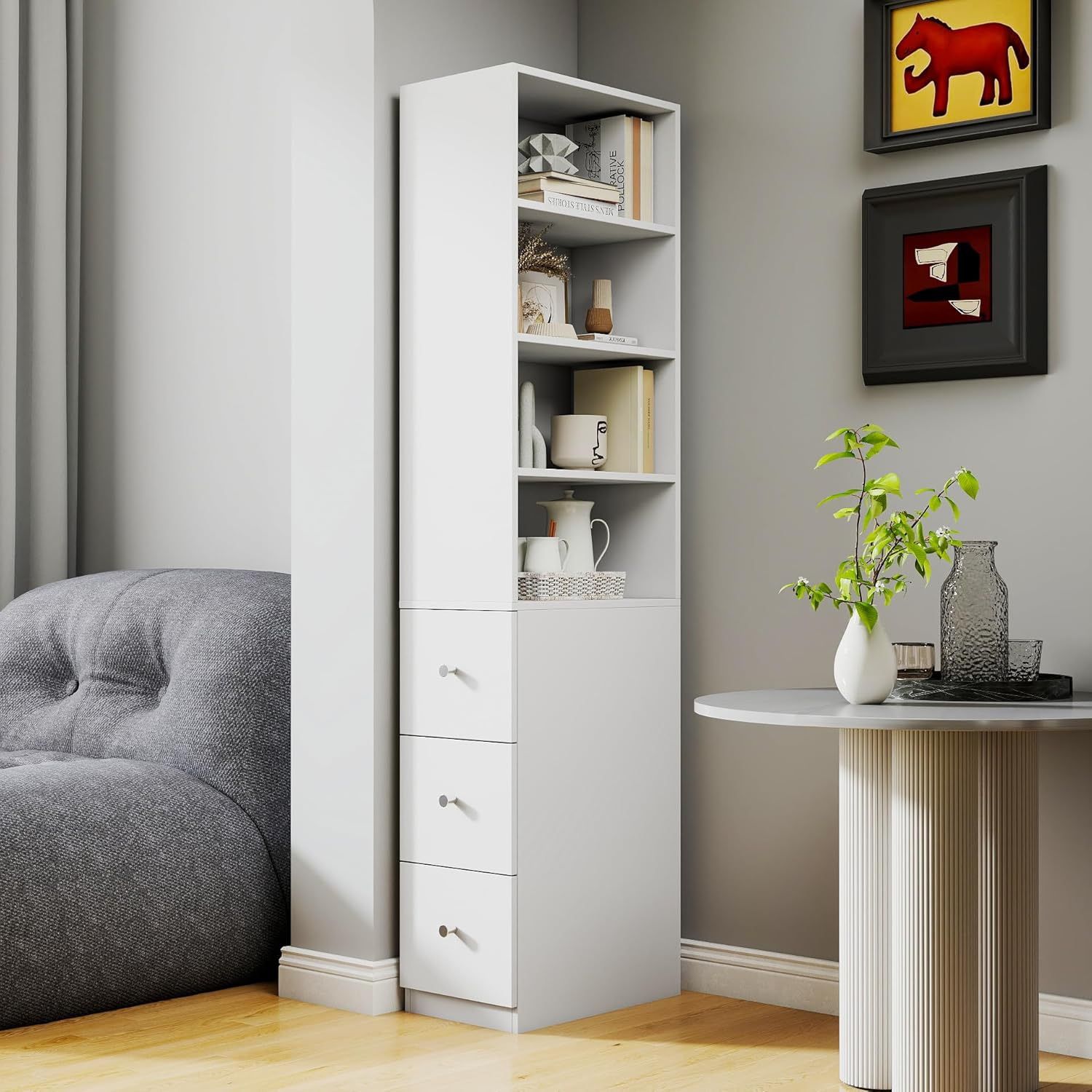 KEIKI 70.87" H Display Storage Cabinet with 4-Tier Shelf, 3 Side Drawers, Modern Wooden Tall Bookshelf Bookcase for Living Room, Office, White (Style