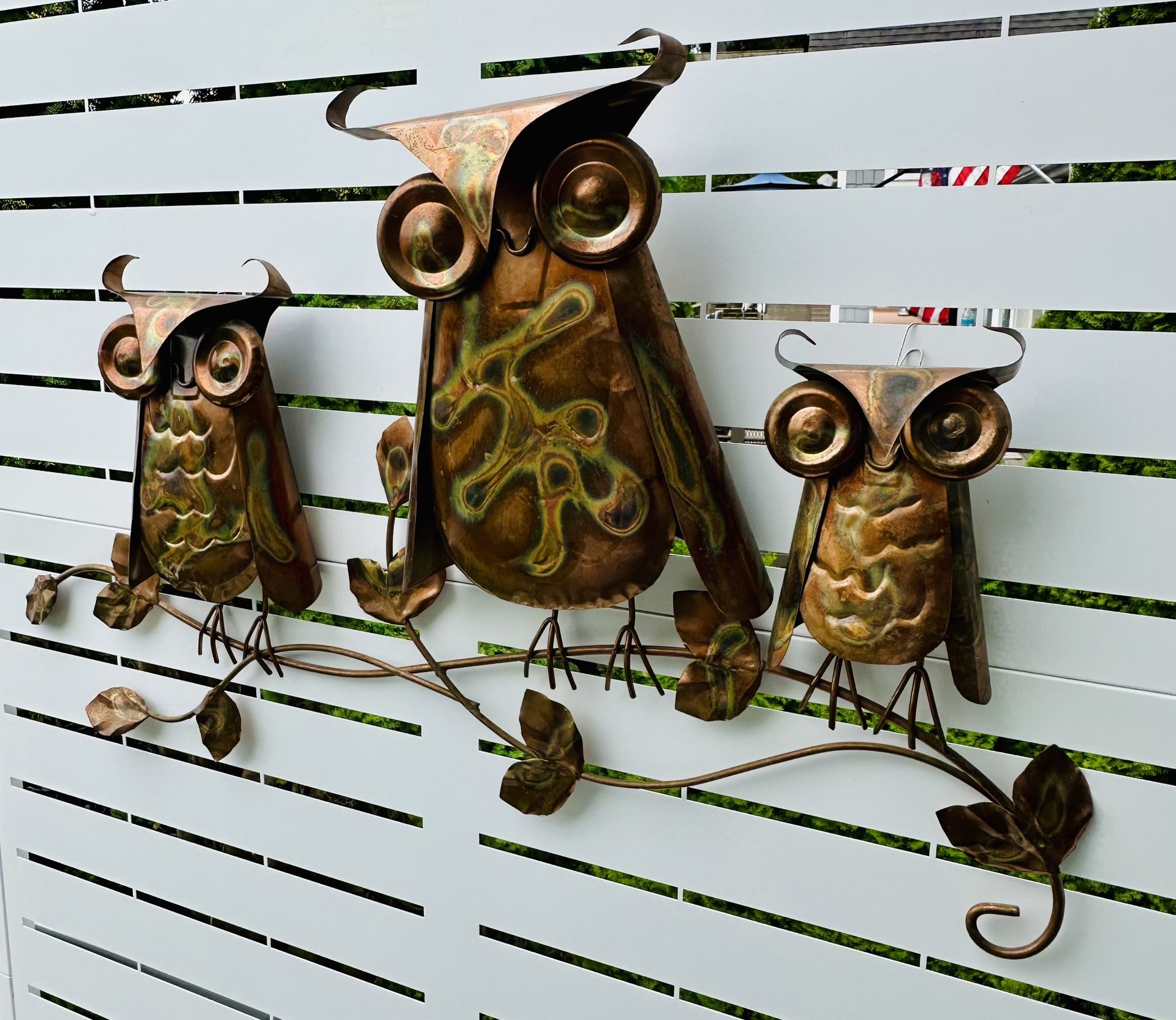 Vintage MCM Brutalist Copper Bronze Metal Owl trio wall hanging 28” wide x 18” tall  Made in Hong Kong sticker on the back  