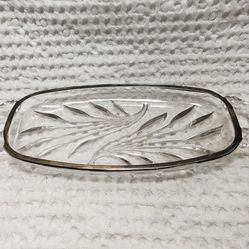 Vintage Cut Glass Relish Dish. Leaf Pattern  measures 10 3/4" L X 4 1/8" W .
