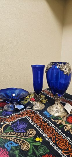Nove Collection Silver Plated Cobalt Blue Glass Vases and Bowl Set
