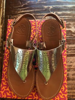 Tory Burch size 8 Silver Leather Cork Wedge almost new cond.