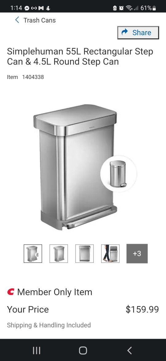 Simplehuman 55L Rectangular Step Can & 4.5L Round Step Can $130