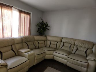 Cream Leather Reclining Sectional Sofa