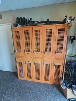 Industrial Metal Locker Bank – 10 Doors – Orange – Garage / Studio Storage