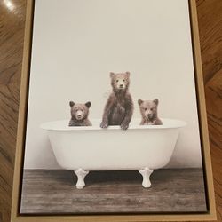3 Bears in Tub on Canvas in Light Weight Wood Frame - Excellent to Like New Condition
