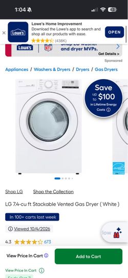 LG 7.4 cu ft Stackable Vented Gas Dryer White