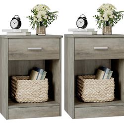 FOTOSOK Nightstand Set of 2, 2-Tier Side Table with Drawer and Storage Shelf