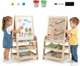 2-in-1 Art easel magnetic white board & marble run game, marker, eraser, paint cups, marbles for kids toddler