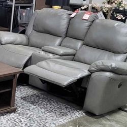 Gray Leather Power Recliner Loveseat