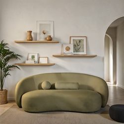 Sofa Curved Shape Olive Green Chenille Fabric. New Especial Price