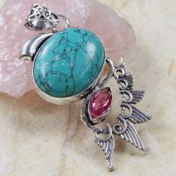 Turqouise & Rubelite 925 Sterling Silver Plated Gemstone 2.4" Pendant