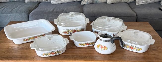 Vintage CorningWare "Spice of Life" 7-Piece Collection – Rare Early 1970s Ghost/Hologram Stamp (Pyroceram, USA)