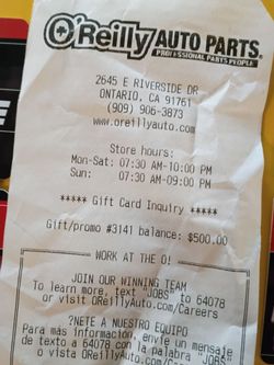 O'Reilly's part store credit $1,337 discount for $1,000 obo.