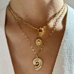 2-Piece Necklace 18K Gold-Plated Stainless Steel Sun & Wave Enamel Pendant