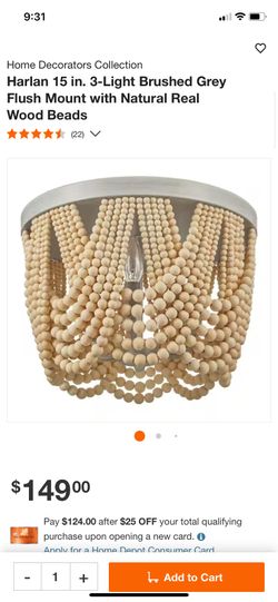 Beautiful Brand New Harlan 15 in. 3-Light Brushed Grey Flush Mount with Natural Real Wood Beads For $80