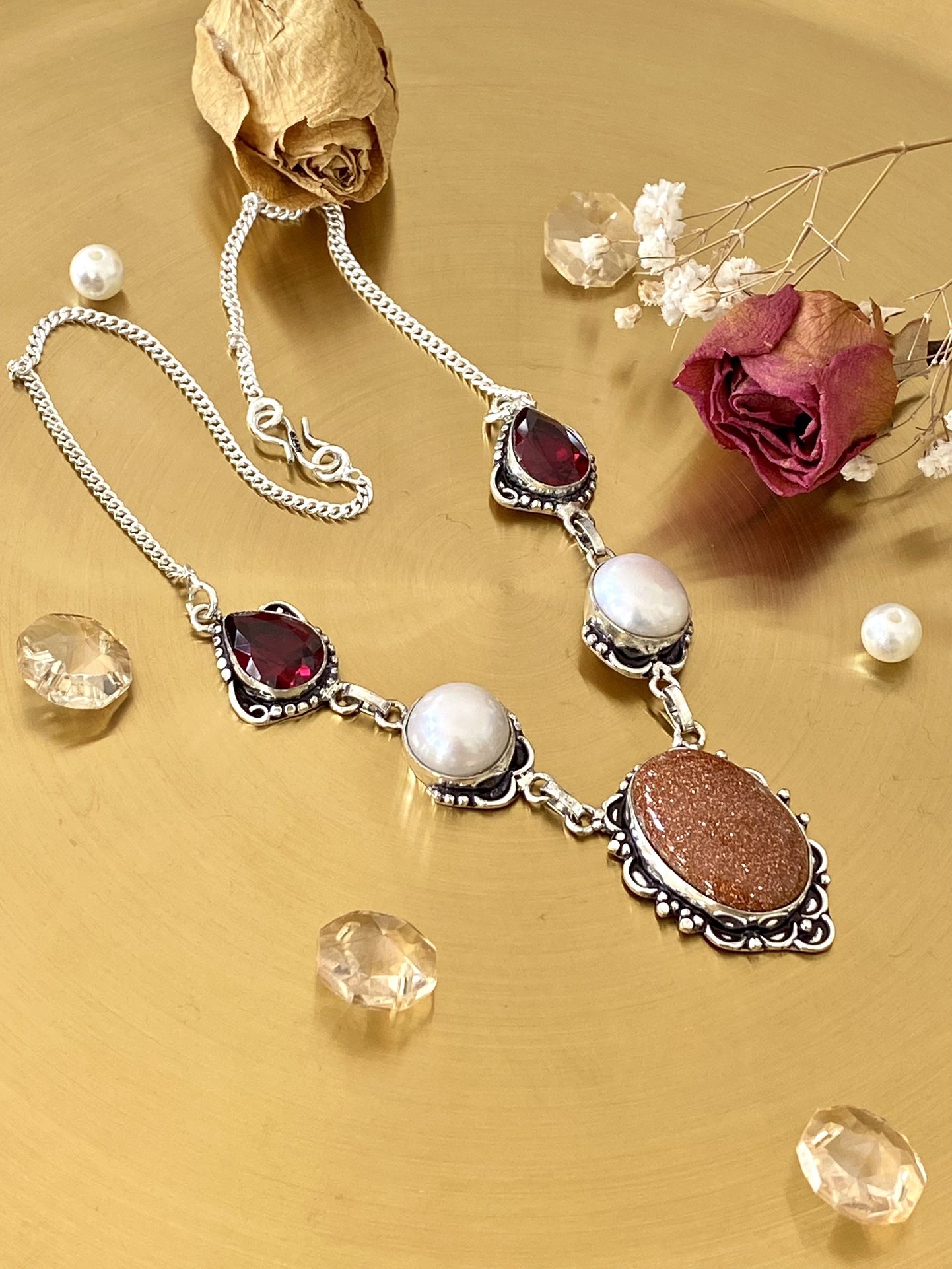 Goldstone, Biwa Pearl And Garnet 925 Sterling Silver Overlay Handcrafted Necklace