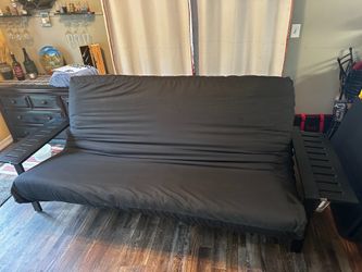Black Wood Futon Sofa Bed w/ Fold-Down Side Tables