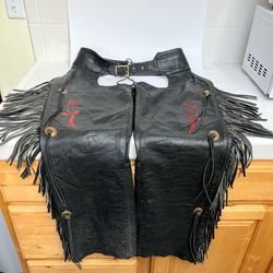 Protech Black Fringe Leather Rosebud Chaps - (L)