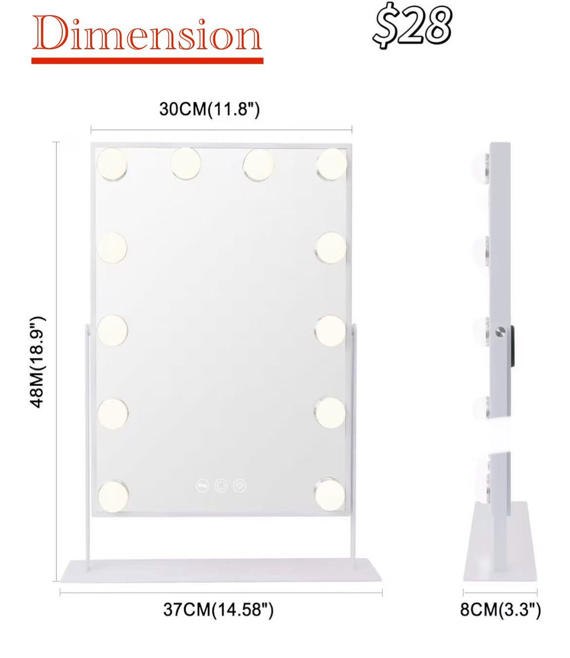 😀 VANITII Lighted Vanity Hollywood Mirror with 12 Dimmable Bulbs Smart Touch Control 3 Colors Light for Tabletop, Detachable 10X Magnification