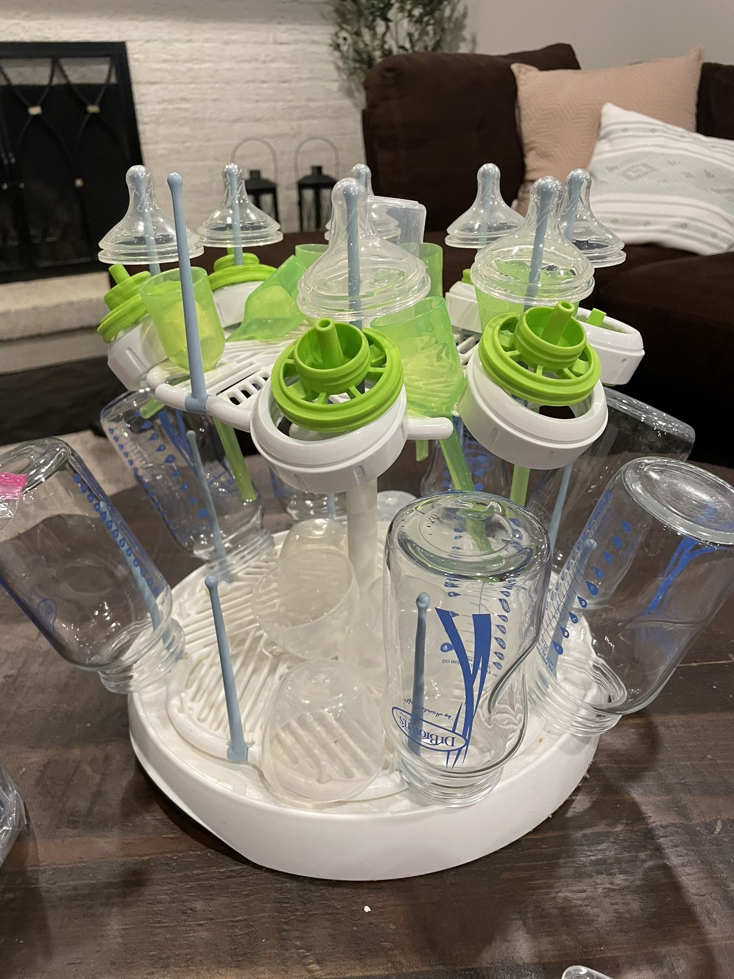 Dr. Brown’s glass and plastic bottles with drying rack