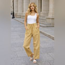 Grace Karin Mustard Yellow Paperbag Waist Pants XL Elastic Waist Wide Leg 