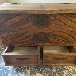 New Hand carved Sunflowers Wood Trunk 42.5" W x 34"H Artisan Made Mexico Rustic Hardware