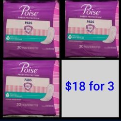 3 BAGS OF Poise Incontinence Pads for Women 3 Drop Light Absorbency, Regular Length (30 Count) FOR $18/$18 POR LOS 3